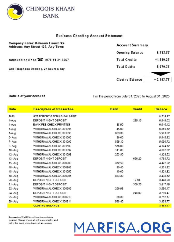 Printable Chinggis Khaan company checking account statement Word and PDF template (1)